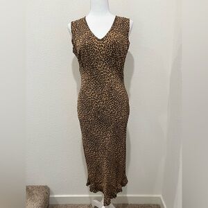 VTG Maje Paris Leopard Print Midi Dress Ruffle Hem V Neck Sleeveless Brown Sz L